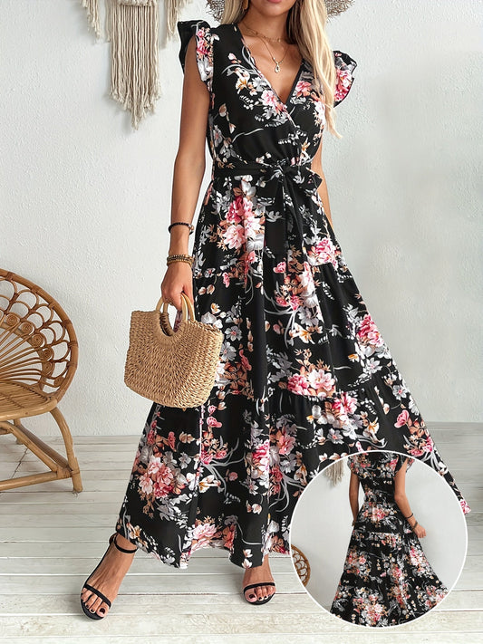 Damen Maxikleid mit Blumenmuster und Gürtel – Elegantes Sommerkleid für Urlaub und Freizeit