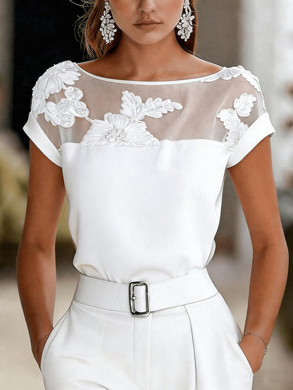Damen Bluse Elegant mit Blumenstickerei und Illusionsausschnitt – Festlich & Büro