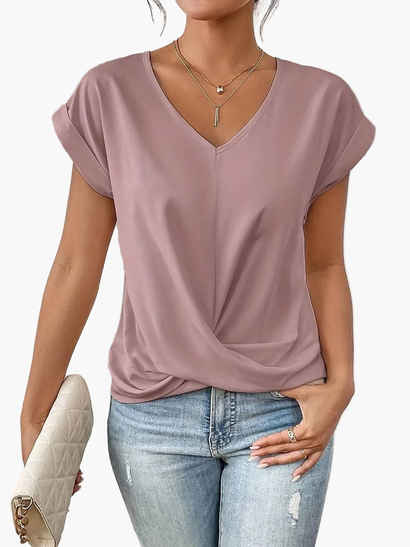 Damen Kurzarm V-Ausschnitt Casual Bluse – Elegantes Freizeitshirt mit modischem Twist-Detail