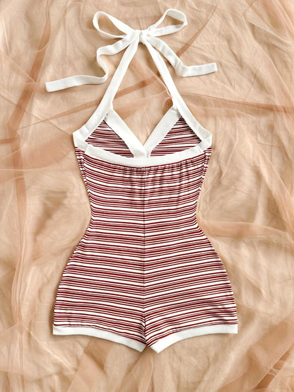 Damen Einteiler Kurz Overall mit Streifen und Knopfleiste – Eleganter Sommer Jumpsuit für Freizeit & Strand