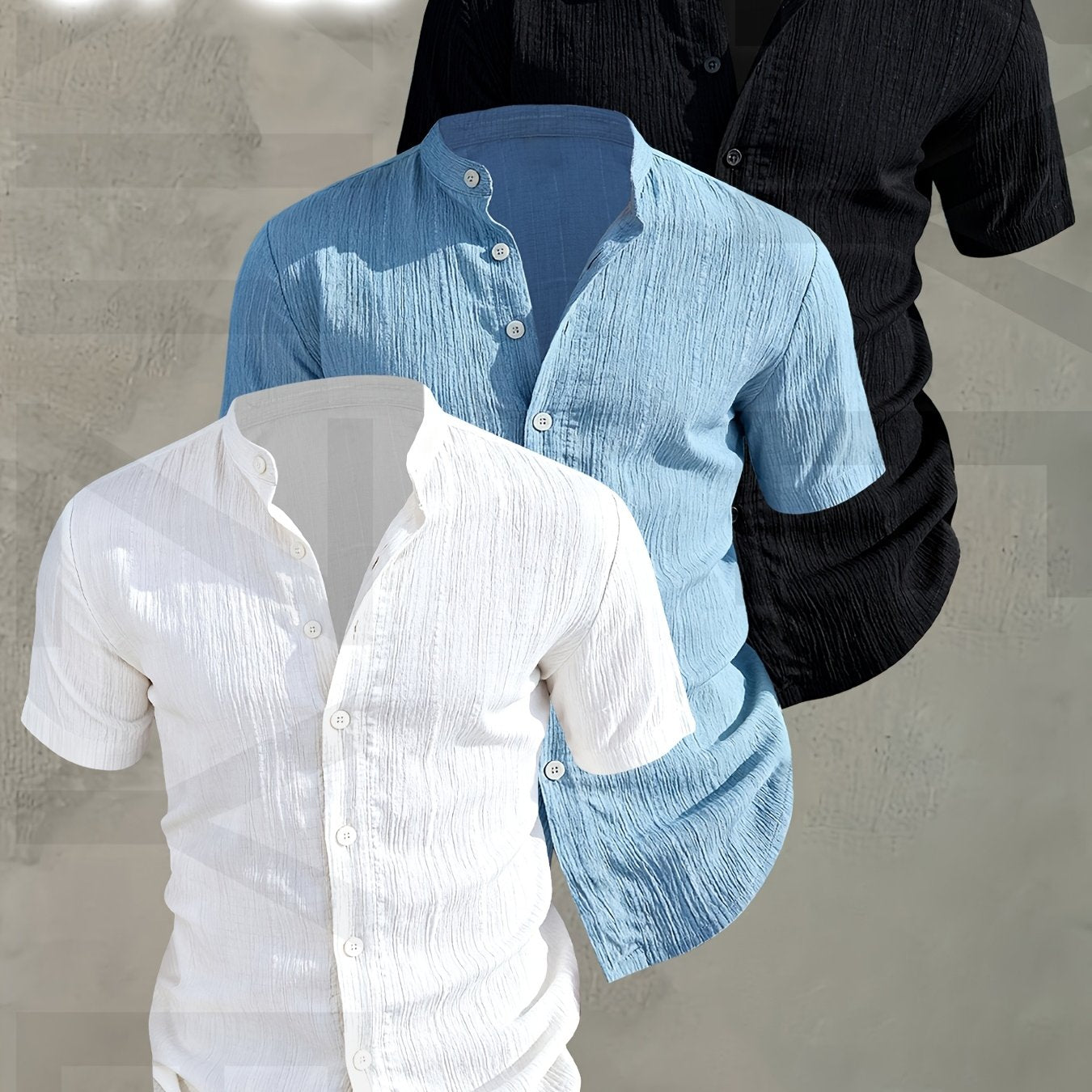 Herren 3er-Pack Freizeithemd mit Stehkragen, Kurzarm, Modernes Design, Knopfleiste