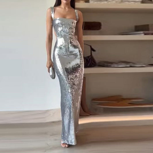 Julia – Pailletten-Rückenfreies Kleid mit eckigem Ausschnitt