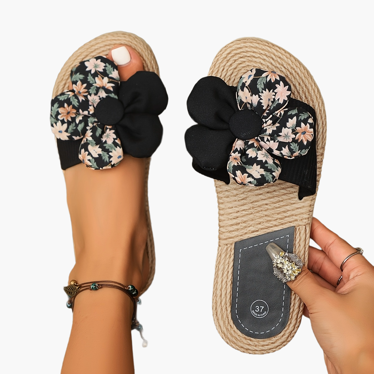 Damen Blumen-Slides Espadrille Stil – Modische Sommerschuhe mit großer Schleife