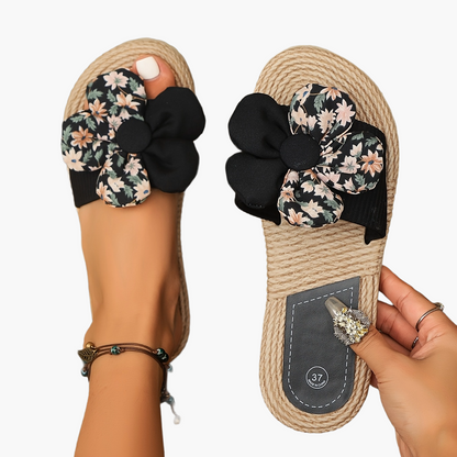 Damen Blumen-Slides Espadrille Stil – Modische Sommerschuhe mit großer Schleife