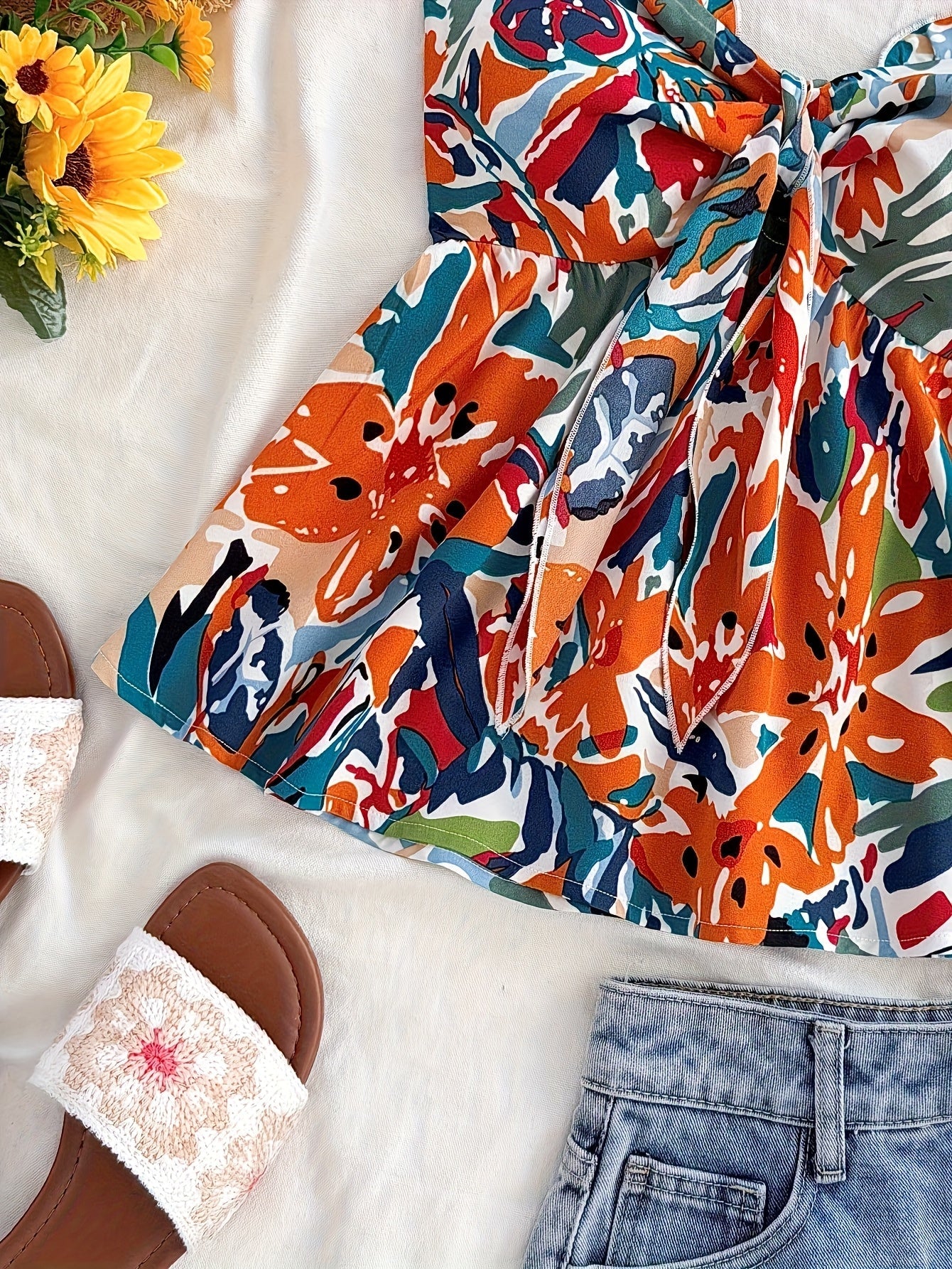 Damen Bandeau Crop Top mit Knoten und Blumenmuster – Modisches Bustier für Urlaub und Sommer-Outfits