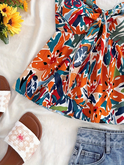 Damen Bandeau Crop Top mit Knoten und Blumenmuster – Modisches Bustier für Urlaub und Sommer-Outfits