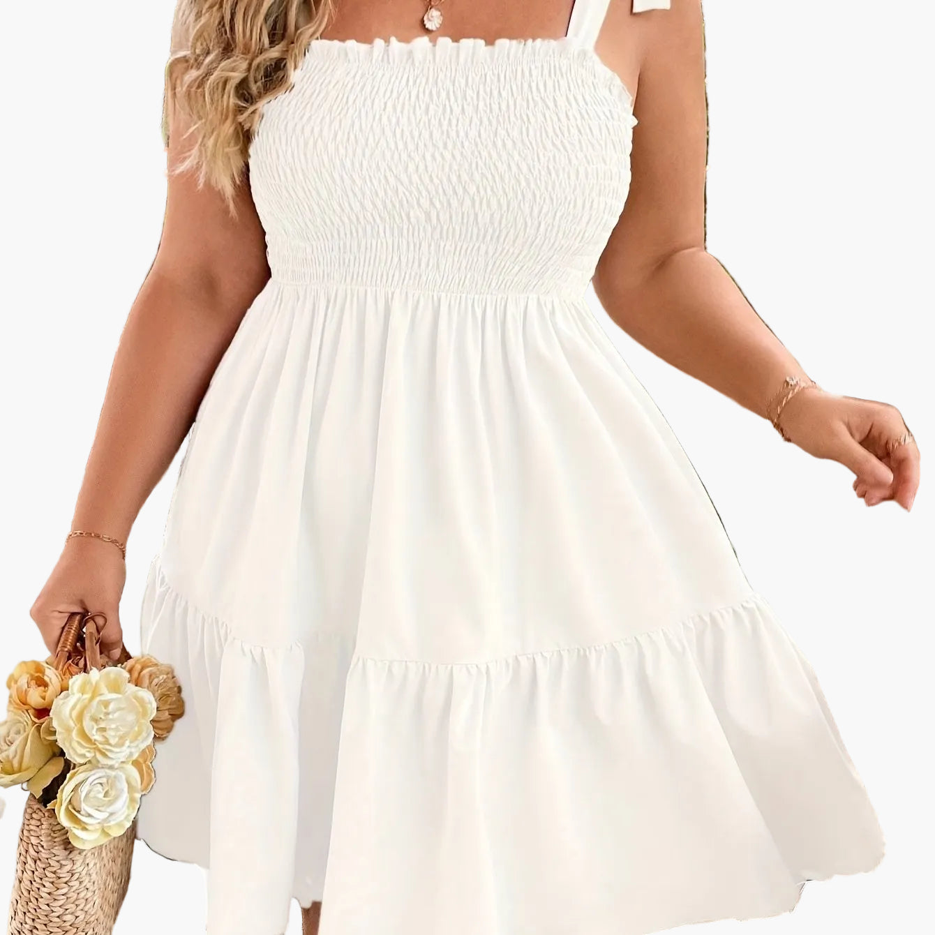 Damen Sommerkleid mit Smok-Oberteil und Schleifen-Trägern – Freizeit & Urlaub, A-Linie