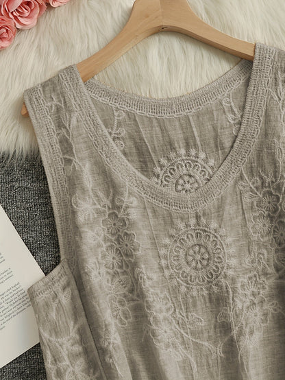 Damen Boho Stickerei Top ärmellos mit Blumenmuster und Lochspitze – Freizeit & Sommer Party Look