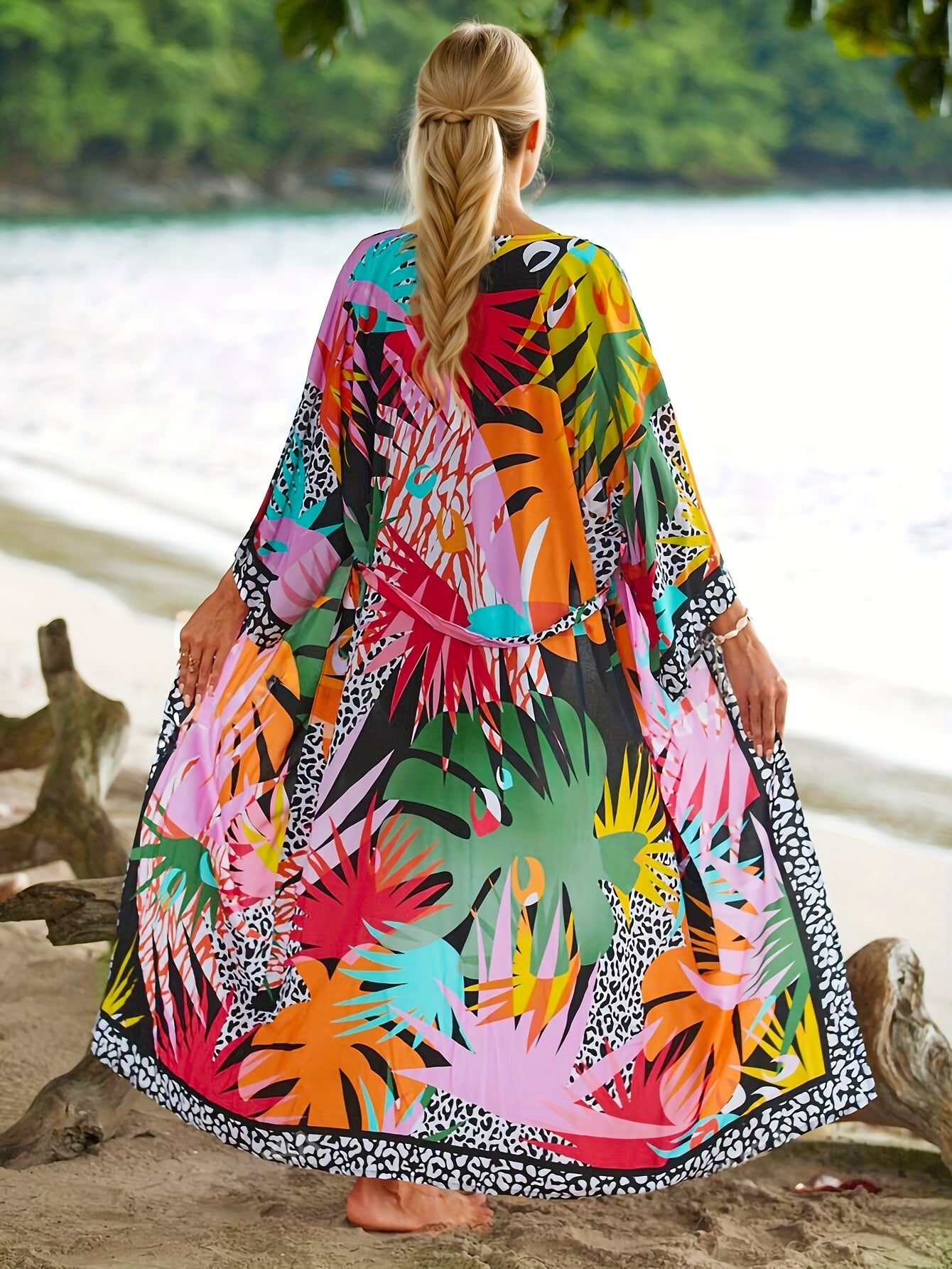 Damen Strand Kimono Lang mit Tropischem Muster und Animal Print – Modischer Überwurf für Urlaub und Pool