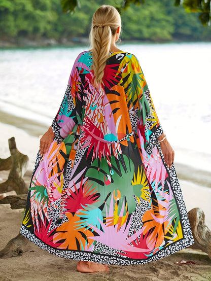 Damen Strand Kimono Lang mit Tropischem Muster und Animal Print – Modischer Überwurf für Urlaub und Pool