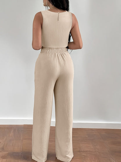 Damen Elegantes 2-teiliges Sommer-Set mit Crop Top und Weitbein-Hose – Modischer Freizeitanzug mit Stickerei