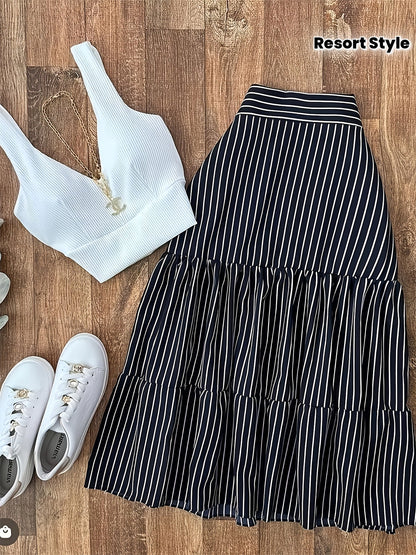 Damen Resort Style Zweiteiler – Elegantes Top und Gestreifter Maxirock für Urlaubslooks