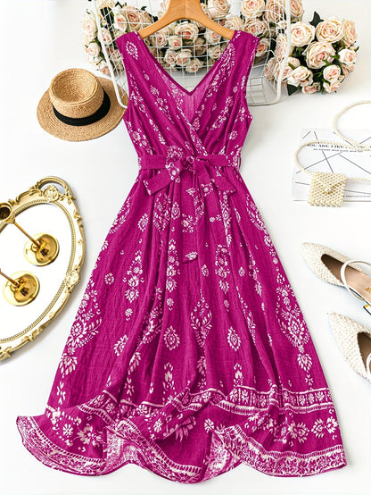 Damen Boho Maxikleid mit Gürtel und Vintage Print – Elegantes Sommerkleid für Alltag und besondere Anlässe