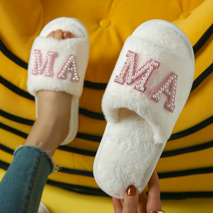 Damen Kuschelige Slipper mit "MA" Perlen-Motiv – Perfekt als Muttertagsgeschenk, Bequeme Hausschuhe für Mütter