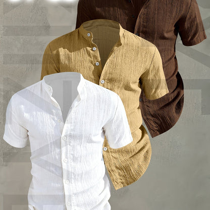Herren 3er-Pack Freizeithemd mit Stehkragen, Kurzarm, Modernes Design, Knopfleiste