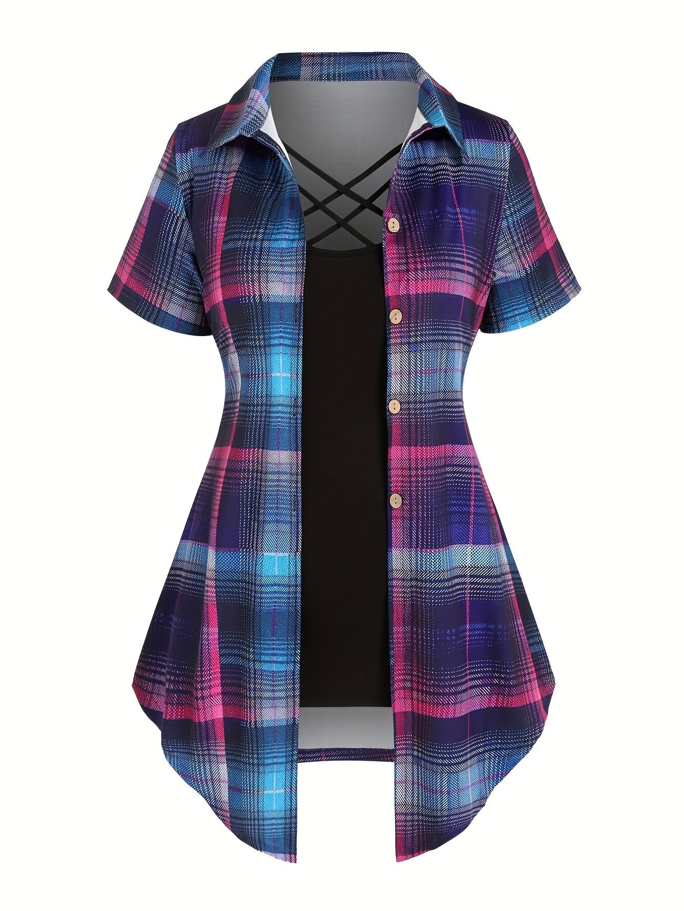 Damen Tunika Bluse mit Karomuster und modischem Überwurf, Elegant für Alltag und Büro