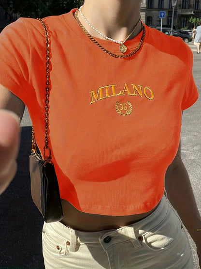 Damen Crop T-Shirt Milano Stickerei Streetwear Y2K Style