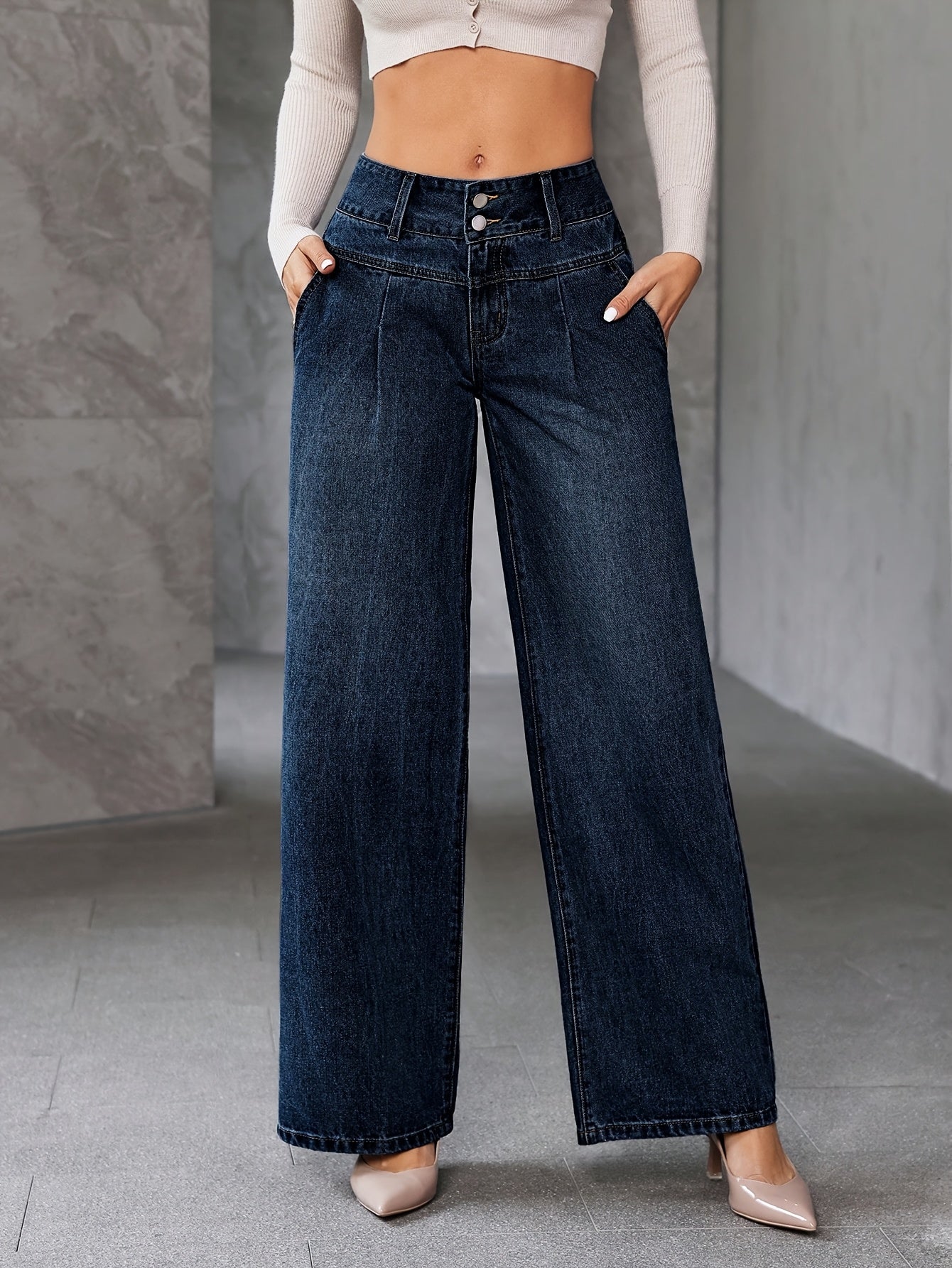 Damen High Waist Weite Schlagjeans – Modische Freizeit-Hose mit weitem Bein