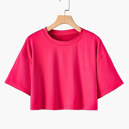 Damen Crop Top Basic Locker Freizeit T-Shirt Kurzarm Rundhals
