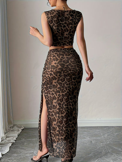 Damen Zweiteiler Set – Elegantes Crop Top und Maxirock im Animalprint für stilvolle Anlässe