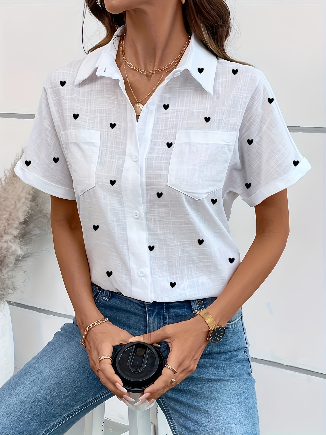 Damen Kurzarm Bluse mit Vogel-Print – Stilvolle Freizeit Hemdbluse für Alltag & Büro