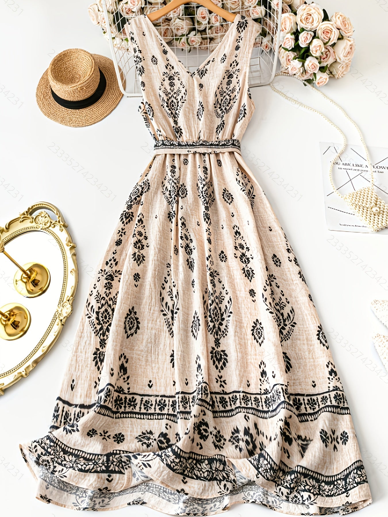Damen Boho Maxikleid mit Gürtel und Vintage Print – Elegantes Sommerkleid für Alltag und besondere Anlässe