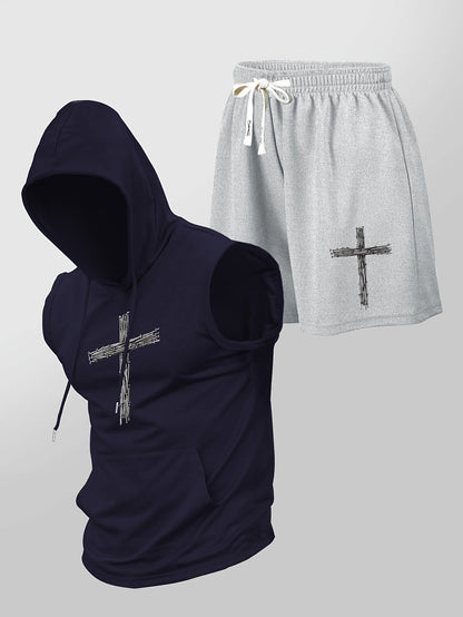 Herren Fitness Set mit Kapuzen-Ärmelloshirt und Shorts mit Kreuz-Print – Sportlicher Streetstyle Zweiteiler