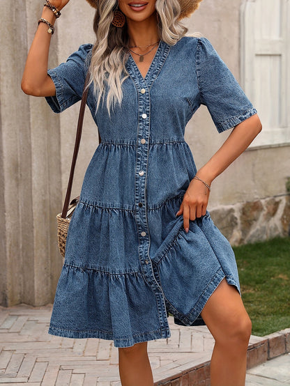 Damen Jeanskleid mit Knopfleiste und V-Ausschnitt – Eleganter Sommer Freizeit-Look