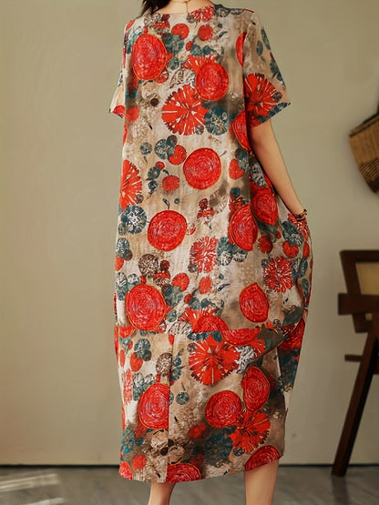 Damen Oversize-Kleid mit künstlerischem geometrisch-botanischem Muster und kurzen Ärmeln – Lässiges Freizeitkleid mit Taschen