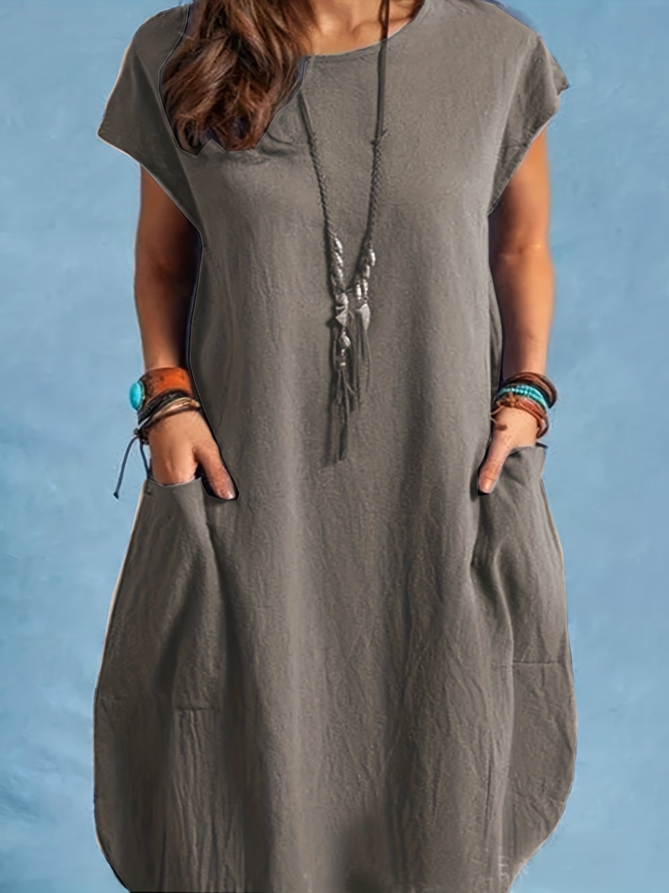 Damen Freizeitkleid Lockeres Tunika Sommerkleid mit Taschen – Bequemes Alltagskleid im Boho-Stil