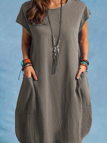 Damen Freizeitkleid Lockeres Tunika Sommerkleid mit Taschen – Bequemes Alltagskleid im Boho-Stil