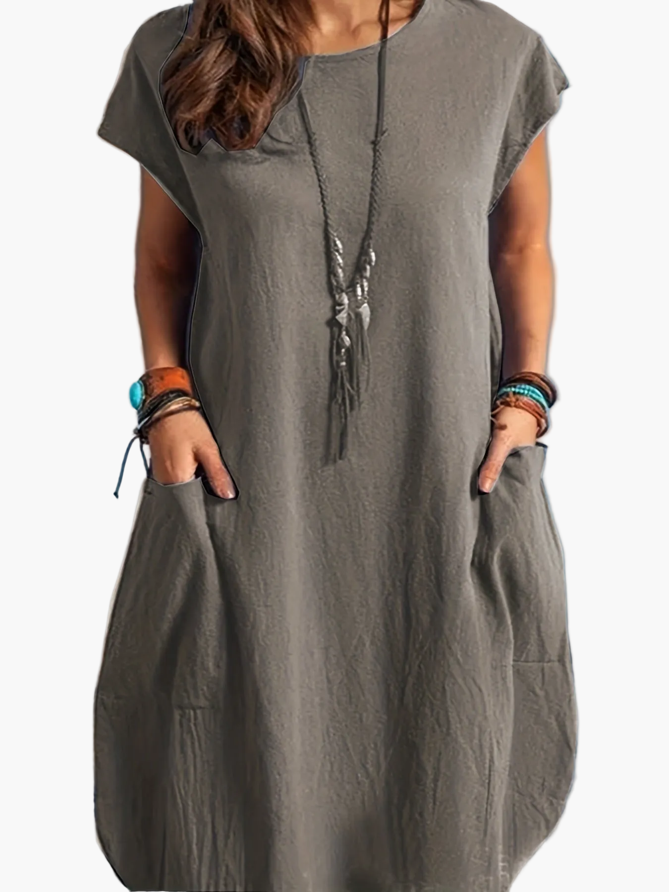 Damen Freizeitkleid Lockeres Tunika Sommerkleid mit Taschen – Bequemes Alltagskleid im Boho-Stil