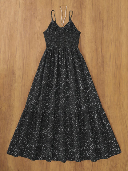 Damen Maxikleid Polka-Dot mit Rüschenrock und Spaghettiträgern – Vintage-inspiriertes Sommerkleid für besondere Anlässe