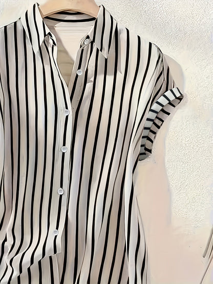 Damen Blusenshirt mit vertikalem Streifenmuster und Knopfleiste – Eleganter Sommer-Look für Büro & Freizeit
