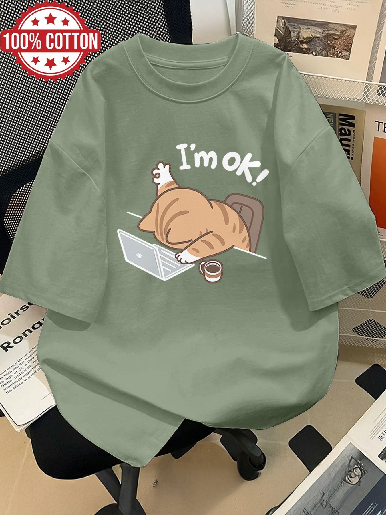 Damen Oversize T-Shirt mit lustigem Katzen-Motiv und Spruch "I'm ok!" – Lockeres Streetwear für Alltag & Freizeit