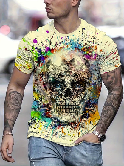 Herren T-Shirt mit Totenkopf-Grafik und Farbspritzer-Design – Urban Streetwear für große Größen