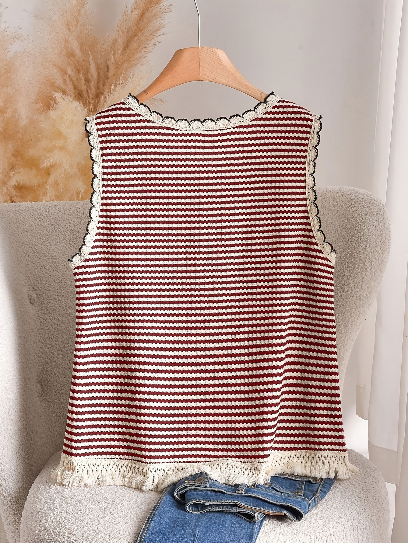Damen Strick-Top im Boho-Stil mit Streifen und Fransen – Lässig & Sommerlich