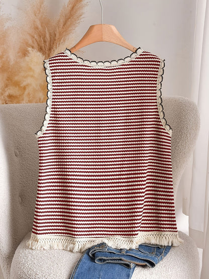 Damen Strick-Top im Boho-Stil mit Streifen und Fransen – Lässig & Sommerlich