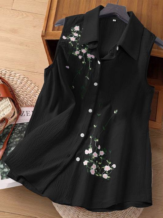 Damen ärmellose Bluse mit Blumenstickerei und Kragen – Elegant für Freizeit & Büro