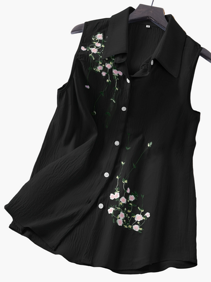 Damen ärmellose Bluse mit Blumenstickerei und Kragen – Elegant für Freizeit & Büro