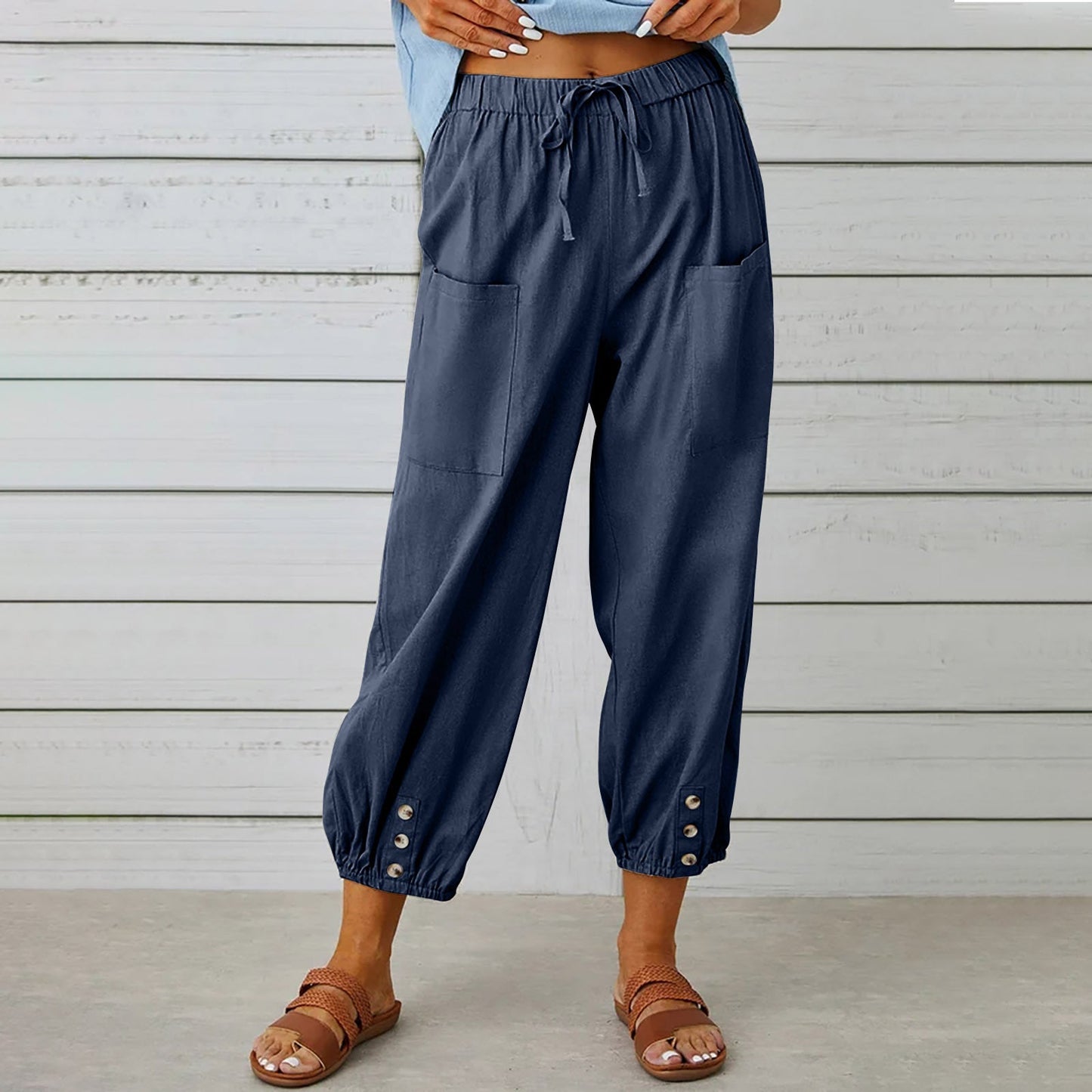 Michelle – Damen Baumwollmischung – Veganes Leinenhose mit Kordelzug und Taschen