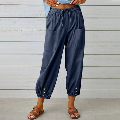 Michelle – Damen Baumwollmischung – Veganes Leinenhose mit Kordelzug und Taschen