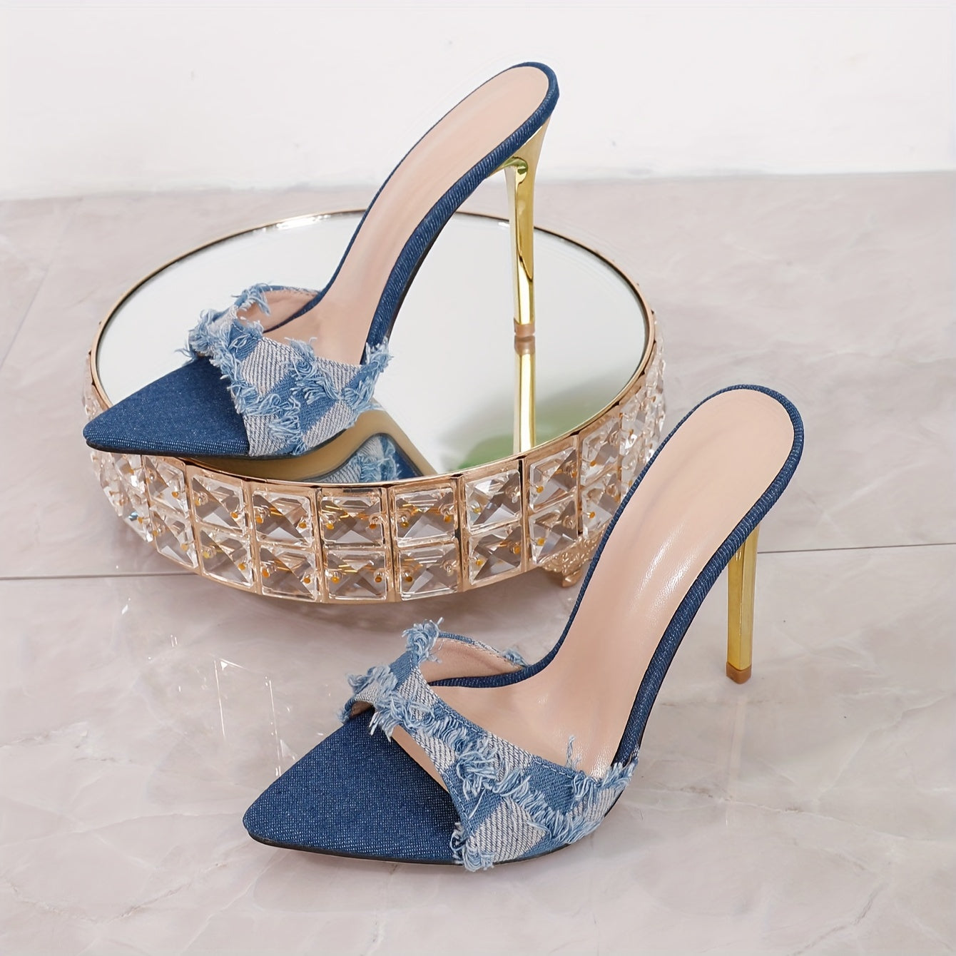 Damen Stiletto Mules mit Fransen und Spitz zulaufender Form – Modische High Heels für besondere Anlässe
