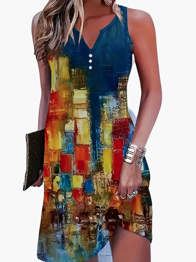 Damen Sommerkleid ärmellos mit abstraktem Kunstdruck – Freizeit & Eleganz
