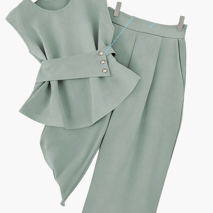 Damen Zweiteiler Set Elegant – Pullover mit Gürtel & Gerade Hose, Modernes Business Outfit