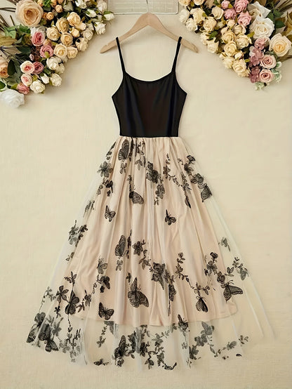 Damen Midikleid mit Spaghettiträgern und Schmetterling-Stickerei – Elegantes Partykleid