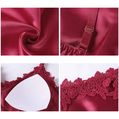 Damen Luxus Nachtwäsche Set – 5-teiliges Satin Schlafanzug Set mit Kimono, Nachthemd, Top, Shorts und Hose – Eleganter Stil für Zuhause und besondere Anlässe
