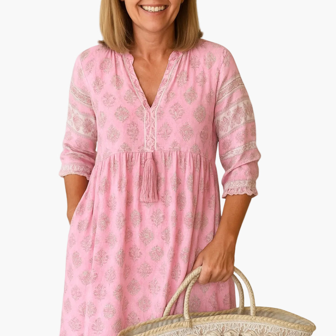 Damen Boho Midi Kleid mit Print und Quasten, Sommer Freizeitkleid, Lockerer Schnitt