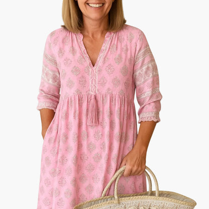 Damen Boho Midi Kleid mit Print und Quasten, Sommer Freizeitkleid, Lockerer Schnitt