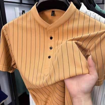 Herren Kurzarm-Hemd mit Stehkragen und Nadelstreifen – Modernes Freizeitshirt mit Knopfleiste
